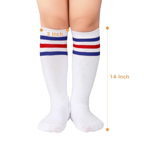 Kids Soccer Socks Toddler Soccer Socks Knee High Tube Socks Three Stripes Cotton Uniform Stocking Socks 1 Pack White Blue&Red4