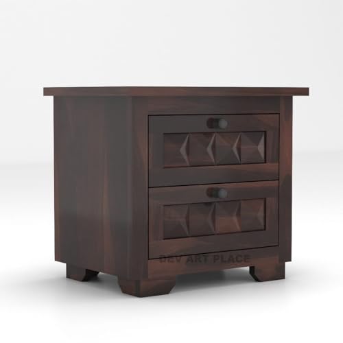 Image of Solid Sheesham Wood Bedside Table for Bedroom | Handmade Pure Wooden Bed Side Nightstand End Table with 2 Drawers Storage for Home & Bed Room | Rosewood, Walnut