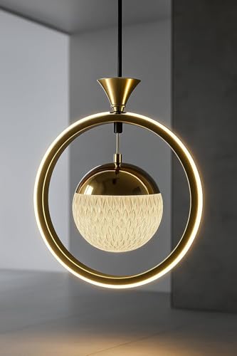 Image of Modern LED Ring Pendant Light with Textured Glass Globe - 3 Color Changing (White /Warm /Natural White) - Adjustable Hanging Ceiling Light for Bedroom, Living Room & Dining