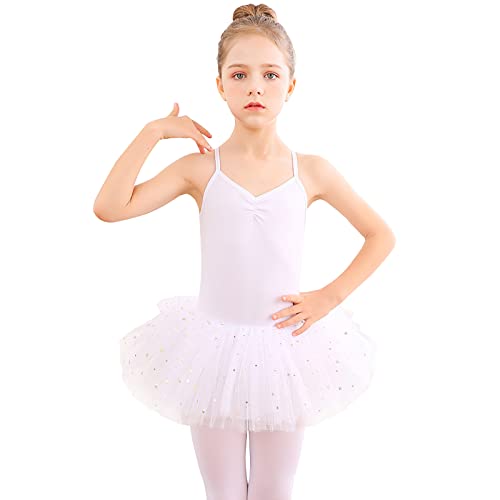 Bezioner Robe de Danse Classique Filles Tutu de Ballet Justaucorps pour Enfants en Coton sans Manches Blanc 130