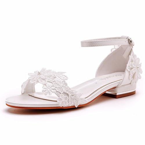 Generic Bridal Wedding Shoes Low Heel Lace Wedding Sandals Open Toe Ankle Strap Evening Party Summer Shoes 2Cm Prom Dress Shoes