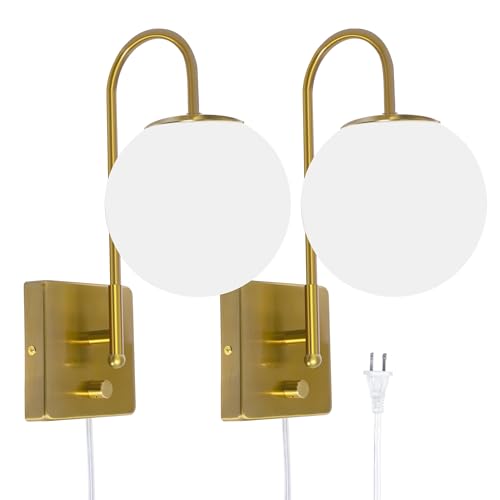 Image of Plug in Wall Sconces Set of 2 Dimmable Glass Globe Wall Lights with Switch Brass Gold Wall Sconce with Hardwired or Corded E12 Bulb Compatible 3000K Warm White for Bedroom Living Room
