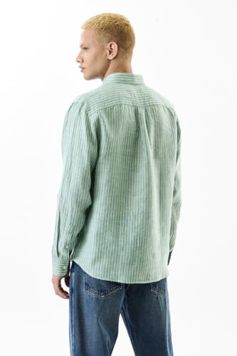 Image of SNITCH Men's Casual Shirt | Regular Fit Long Sleeve Button-Down Collar Striped Design | 100% Linen & Breathable Fabric for Spring & Summer Wear
