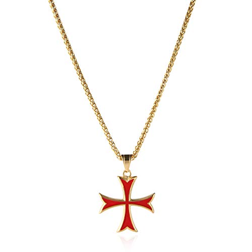 HZMAN Masonic Knights Templar Crusader Red Cross Stainless Steel Pendant Necklace with Free 24