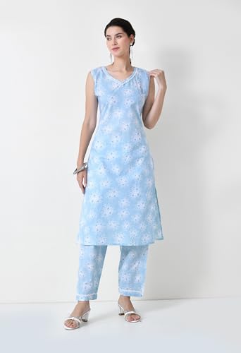 Image of LIBOZA Cotton Kurta Sets for Woman, Straight Sleeveless Kurti Set for Women, Festive Kurtis Pant Suit Kurtas Office Wear Trendy Stylish Designer