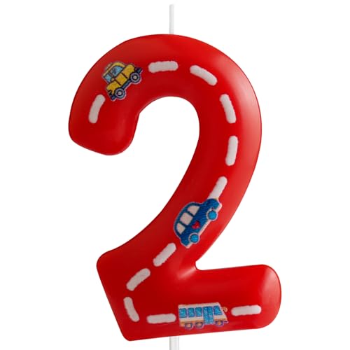 FUNCANDLE Racing Cars Birthday Candles,Red and White Stripes Number 2 Candles,Happy Birthday Candle Cars Cake Topper for Boys Girls Racing Car Traffic Theme Party Supplies Birthday Gifts
