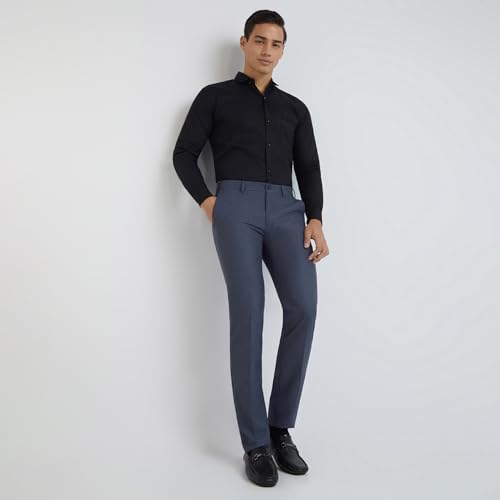 Image of Raymond Men's Slim Fit Mid Rise Solid Pattern Polyester Viscose Blend Flat Front Trouser