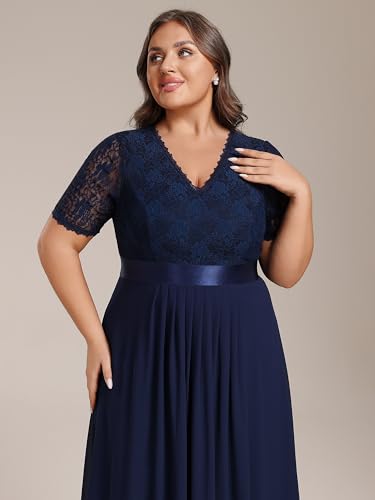 Image of Ever-Pretty Women's V Neck Pleated A Line Lace Chiffon Half Sleeves Midi Plus Size Cocktail Wedding Guest Dresses Navy Blue US24