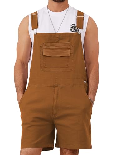 LuckyFeb Overalls for Men Shorts Summer Romper Stretchy Jumpsuits Work Bibs Coveralls Overol Para Hombre(Brown Overalls L)