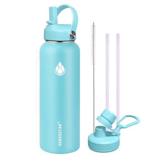 Image of SENDESTAR Stainless Steel Water Bottle, Wide Mouth 32 oz Water Bottle with Straw Lid, Spout Lid, Double Wall Vacuum Insulated Leak Proof, Keeps Liquids Hot or Cold (Sky Blue)