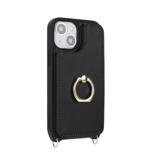 Image of for iPhone 13 Mini Case with Card Holder and Strap for Women,Crossbody Lanyard,Kickstand Ring Stand,Snap Clasp,RFID Blocking,Phone Wallet Cases 5.4 inch(Black)
