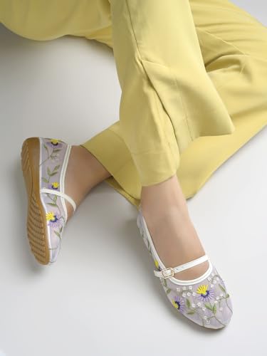 Image of Shoetopia Women'sFloral Embroidered Mary Jane Flats - Elegant Mesh Ballerinas with Adjustable Buckle Strap