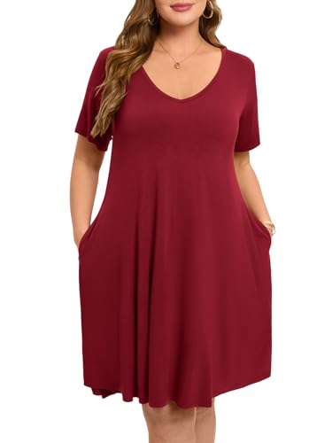Image of ZENNILO Women's Plus Size Swing Dress with Pockets Casual Summer Dresses V Neck Short Sleeve T Shirt Dress for Women