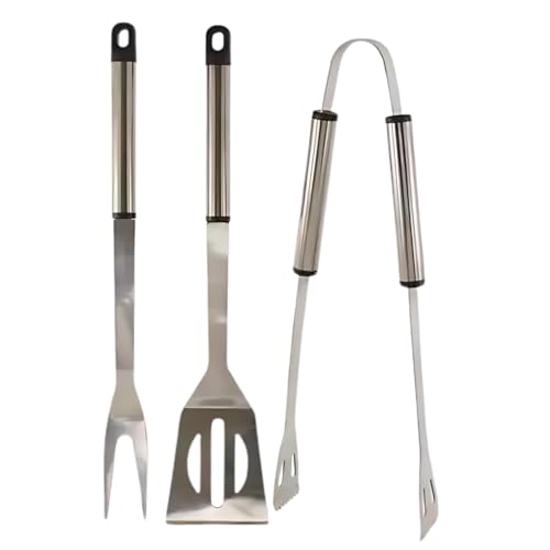 Garden Mile Set di 3 utensili per barbecue in acciaio inox, spatola, pinze e forchetta per barbecue, accessori per barbecue, cucina e campeggio all'aperto