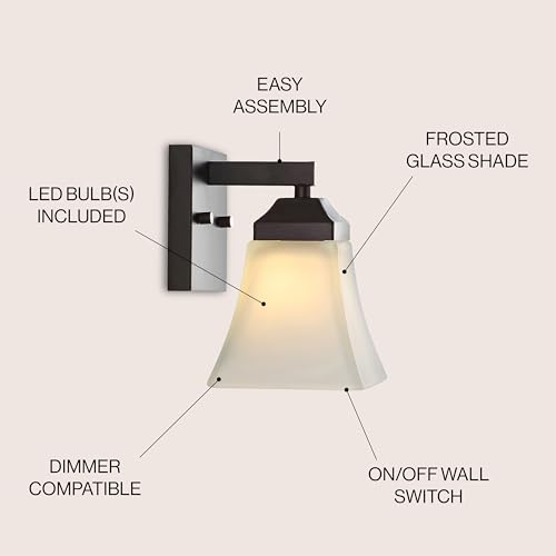 Image of JONATHAN Y 5 inch Oil Rubbed Bronze 1-Light Modern Cottage LED Vanity Light Wall Sconce, Farmhouse Wall Lamp for Bathroom Mirror Kitchen, White Glass Shade, LED Bulb Included JYL7522A