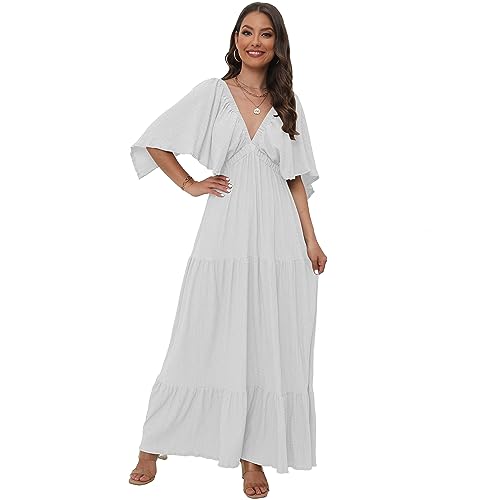 Image of SUNNOW Women's Plus Size Summer Maxi Dress Flowy Loose Fit V-Neck Tiered Ruffle Sleeve Boho Beach Dress