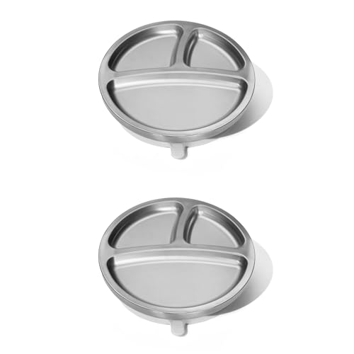 Avanchy Baby Plates with Suction Stainless Steel Divided Plates for Toddlers BPA-Free Dishwasher Safe Unbreakable Non-Toxic 100% Silicone Suction 2 pack Gray