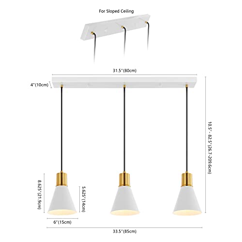 Image of JONATHAN Y Apollo Mid-Century 3-Light Pendant 33.5 inch, White /Brass Gold | Modern, Adjustable Height, Metal Cone Shade, Kitchen Island, Hallway, UL Listed, Slope-Compatible, LED Bulb Included