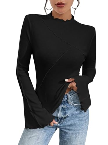 Remidoo Womens Mock Neck Bell Long Sleeve T Shirt Lettuce Trim Fitted Shirt