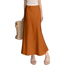 ebossy Womens Elegant Long Satin Skirt Silk Dressy Hidden Elastic Waist Flared A-Line Maxi Skirts