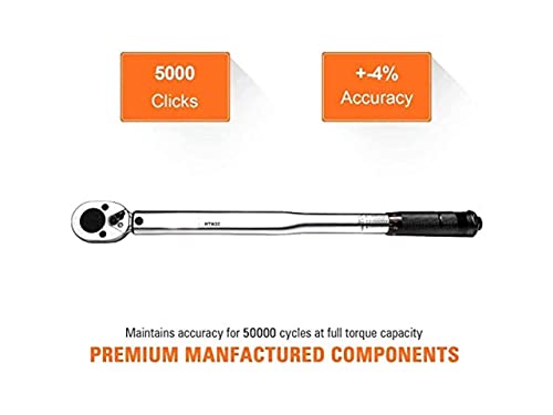 Torque Wrench 1/2 Inch, Drive Click (10-150 Lb-Ft / 13.6-203.5Nm) With 2.75" Extension Bar, 3/8" Adapter | Htw2C #TOP3