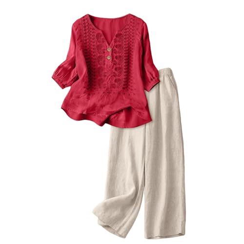riou Chándal Mujer Completo Verano Original Elegante Lino Y Algodón Suelto Conjunto De 2 Piezas Blusa Manga 3/4 Pantalones Suave Y Cómodo Loungewear Diarios Trabajo Playa Vacaciones
