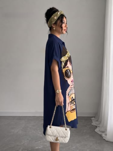 Image of Women's Graphic Print T-Shirt Dress | Stylish Oversized Longline T-Shirt for Women & Girls | Casual Printed Long Top | Trendy Beach & Resort Wear Western One Piece Dress (25 D-1 BLACK-2XL)
