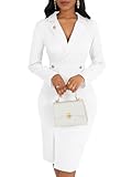Yajedo White Dress Women Wear to Work Long Sleeve Bodycon Midi Dress Elegant Business Office Church Interview Sheath Dress (White Large)