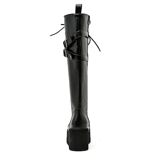 Image of Parisuit Women's Knee High Goth Platform Boots Lace Up Combat Boots | Chunky High Heel, Buckle Boots, Punk Chain Boots