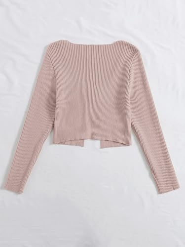 Floerns Women's Tie Front Long Sleeve Rib Knit Shrug Sweaters Cardigan Crop Top Dusty Pink M2