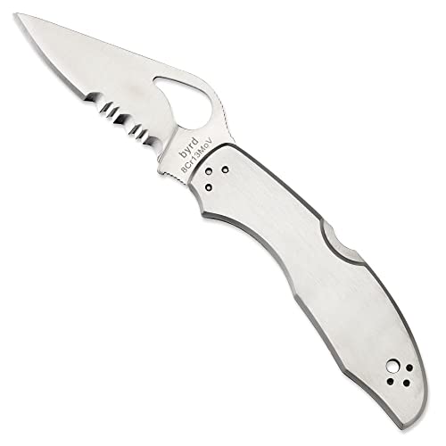Image of Spyderco Byrd Meadowlark 2 Folding Pocket Knife, CombinationEdge | 6.9 inch Overall Length, 2.97 inch 8Cr13MoV Steel Blade, Stainless Steel Handle, Back Lock, Full-Flat Grind