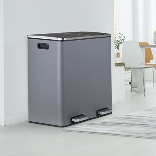 Arlopu 16 Gallon Stainless Steel Trash Can, 60L Dual Compartment, Metal Kitchen Step Recycle Bin, Metal Double Dustbin, In-Home Garbage Rubbish Can W/Removable Liner Buckets, (Iron Grey) #TOP7