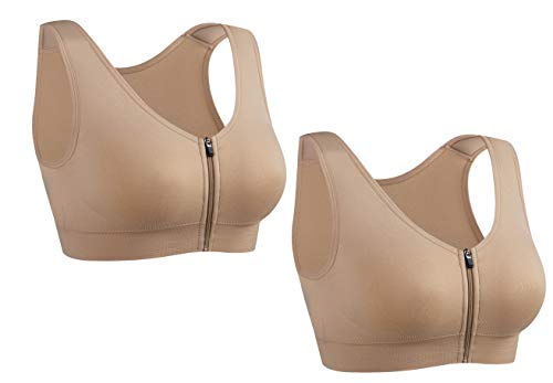 Ouno Padded Straps Sports Bra for Women Zip Front Workout Yoga Bras 2 Pack Nude L