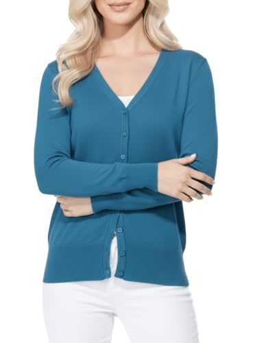 Image of YEMAK Women's Knit Cardigan Sweater - Long Sleeve V-Neck Basic Classic Casual Button Down Knitted Soft Lightweight Top