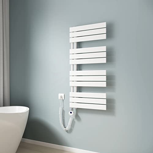 EMKE Radiador de baño, toallero eléctrico, 1041 x 500 mm, radiador eléctrico con termostato, calentador de toallas eléctrico, calentador de toallas con barra de calefacción, color blanco, 600 W