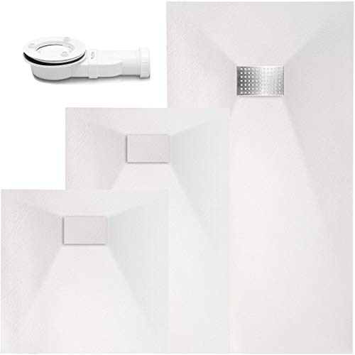 VILSTEIN Duschwanne Steinoptik | Duschtasse flach | Set mit Ablaufgarnitur und Edelstahl Abdeckung | 120x90 cm | Weiß