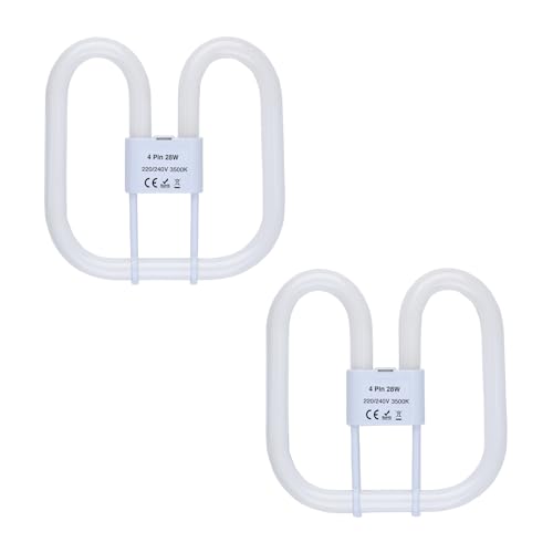 B4U 2 Pack GR10q 4 Pin 28W(Large Size 20 * 20cm) Compact Fluorescent Lamp 2D Bathroom Light Bulb CFL Low Energy Light Bulb 4 Pin Bathroom Light Bulbs for Ceiling Lights Warm White 3500K