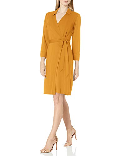 Amazon Brand - Lark & Ro Women's Matte Jersey Collared V-Neck Long Sleeve Wrap Dress, Chai Tea, L