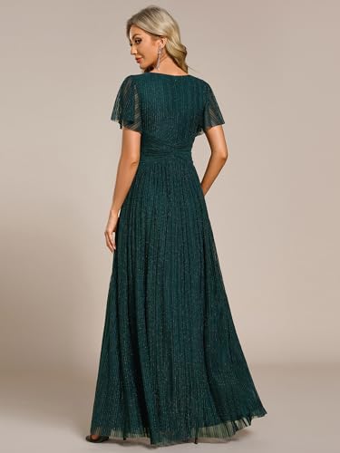 Image of Ever-Pretty Women's V-Neck Glitter Formal Dresses Pleated Short Sleeves Floor Length A-Line Mother of Bride Dress 11961