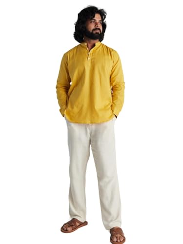 Image of SAADAA Men's Short Kurta - Linen Cotton Blend, Airy Fabric, Regular Fit, Mandarin Collar, Solid Color - Casual, Festive & Ethnic Wear