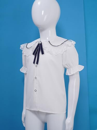 FEESHOW Girls Summer Puff Short Sleeve Button Down Shirts Kids Ruffle Hem Turn-Down Collar Blouse 5-16 Years4
