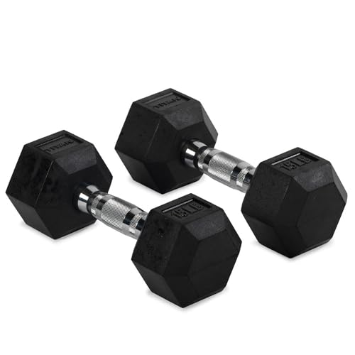 Titan Fitness 15 LB Pair Rubber Coated Hex Dumbbells, Roll-Resistant Hexagonal Free Weights, Chrome-Coated Handles with Knurling, Strength Training Equipment