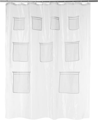 Image of Amazon Basics 8-Gauge PEVA Shower Curtain or Liner with Mesh Storage Pockets - 72 inch x 72 inch, Clear (Pack of 10)