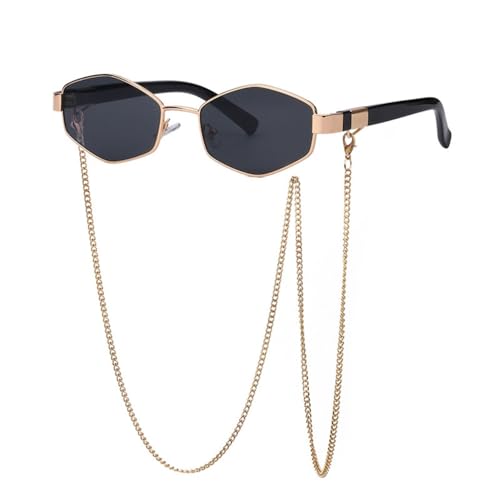 Lunettes de soleil petite monture rétro avec chaîne, lunettes polygonales femmes or noir