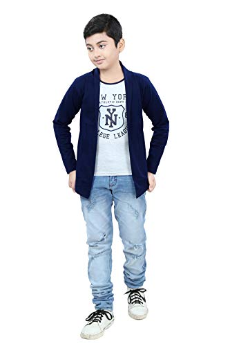 Image of Boy's Cotton White Printed T-Shirt with Blue Jacket Shrug