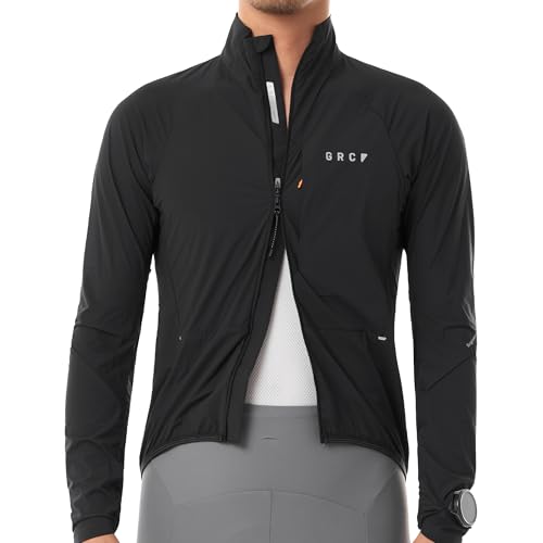 GRC Cycling Bike Jackets for Men Packable Rain Jacket with Two-way Zipper Waterproof Reflective Windbreaker(Black L)