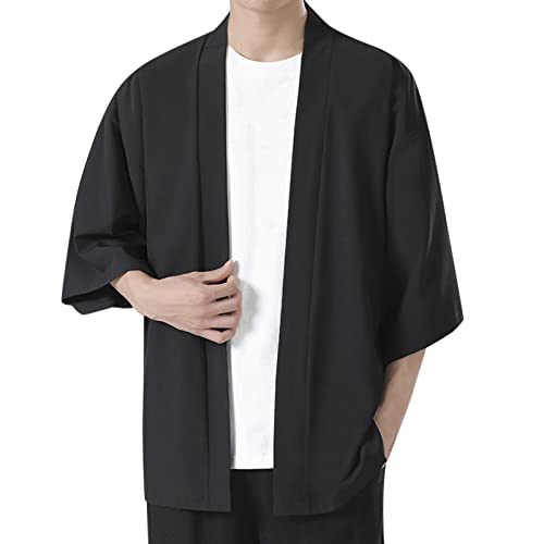 Cardigan en tricot pour femme - Pull solide pour homme - Veste kimono avec épaules tombantes sur le devant ouvert, Noir , L