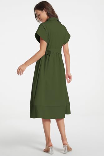 Image of Ladyful Women Casual Button Down Shirt Dress Short Wing Sleeve Buiness Midi Shirt Dress with Belt Elegant Dress