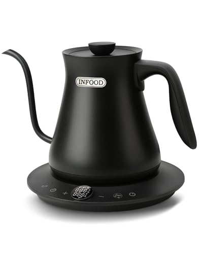 INFOOD 0.8L Gooseneck Electric Kettle, Precise Temperature Control for Pour Over Coffee & Tea, 1200W Fast Boiling Water, Auto Shut Off, Scheduling, Stainless Steel, Black