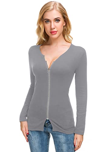 Image of Afibi Women V Neck Zip Front Long Sleeve Casual Top Blouse Shirt /Cardigan